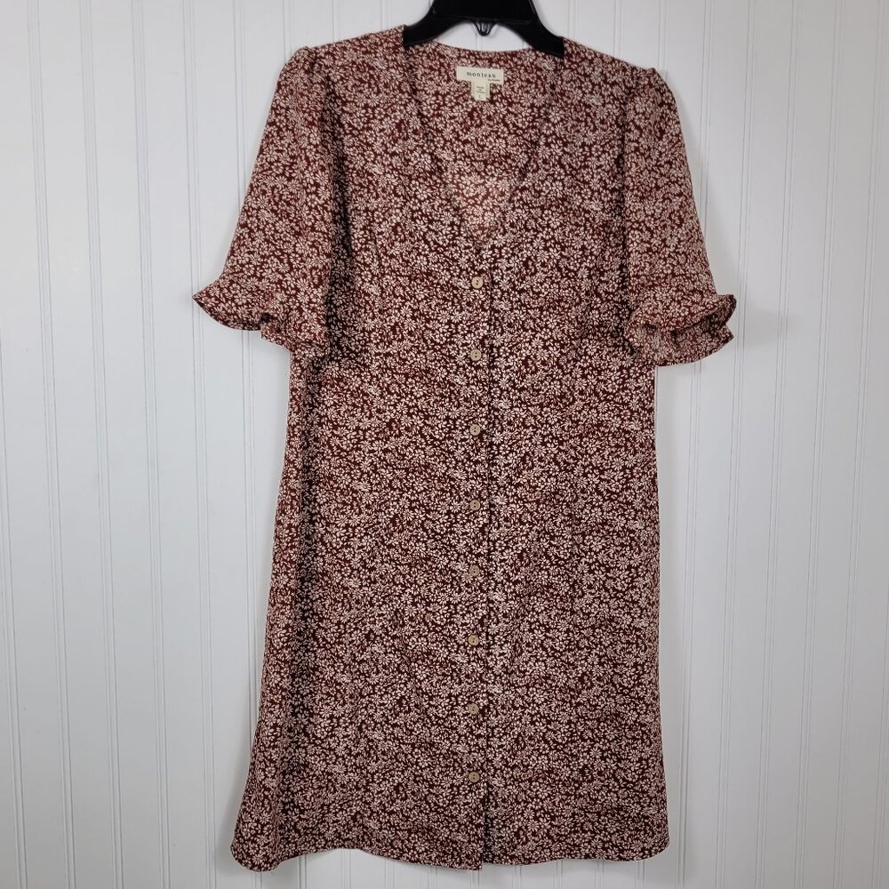 Monteau LA Button down front dress , Vneck Ruffle Sleeves Women's SZ L